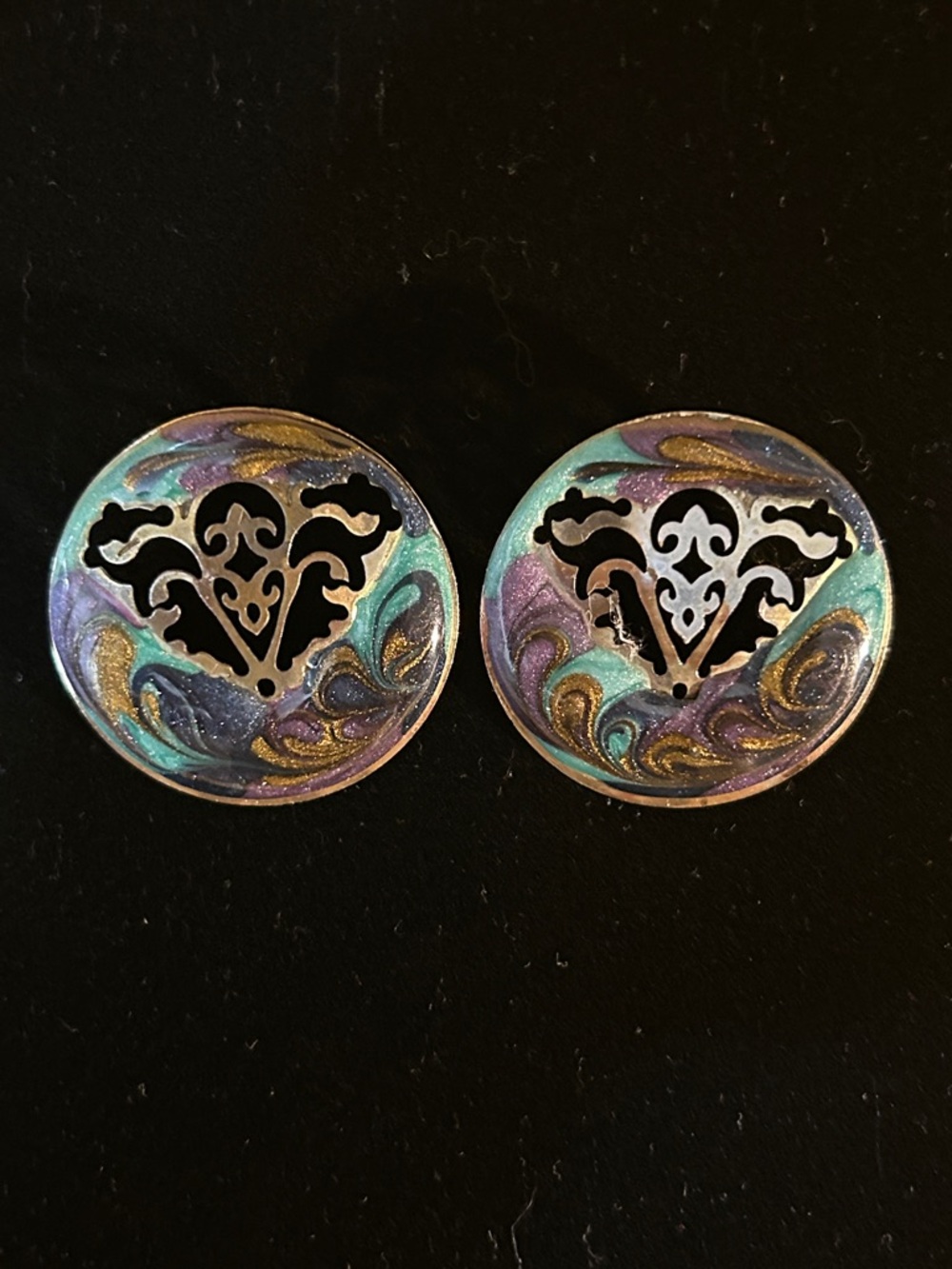 BUNDEL 3 -$30 Vintage Round Swirled Enamel Earrings in Teal, Purple & Gold